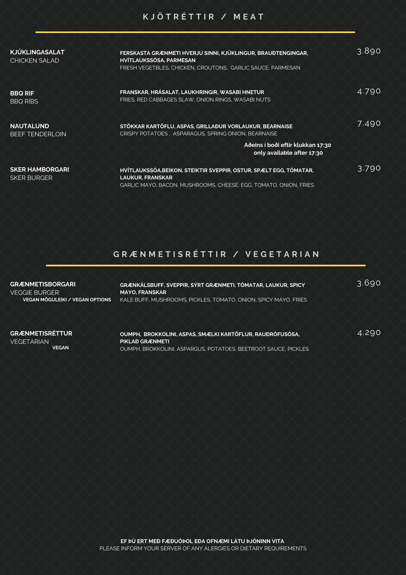 Matseðlar | Sker restaurant