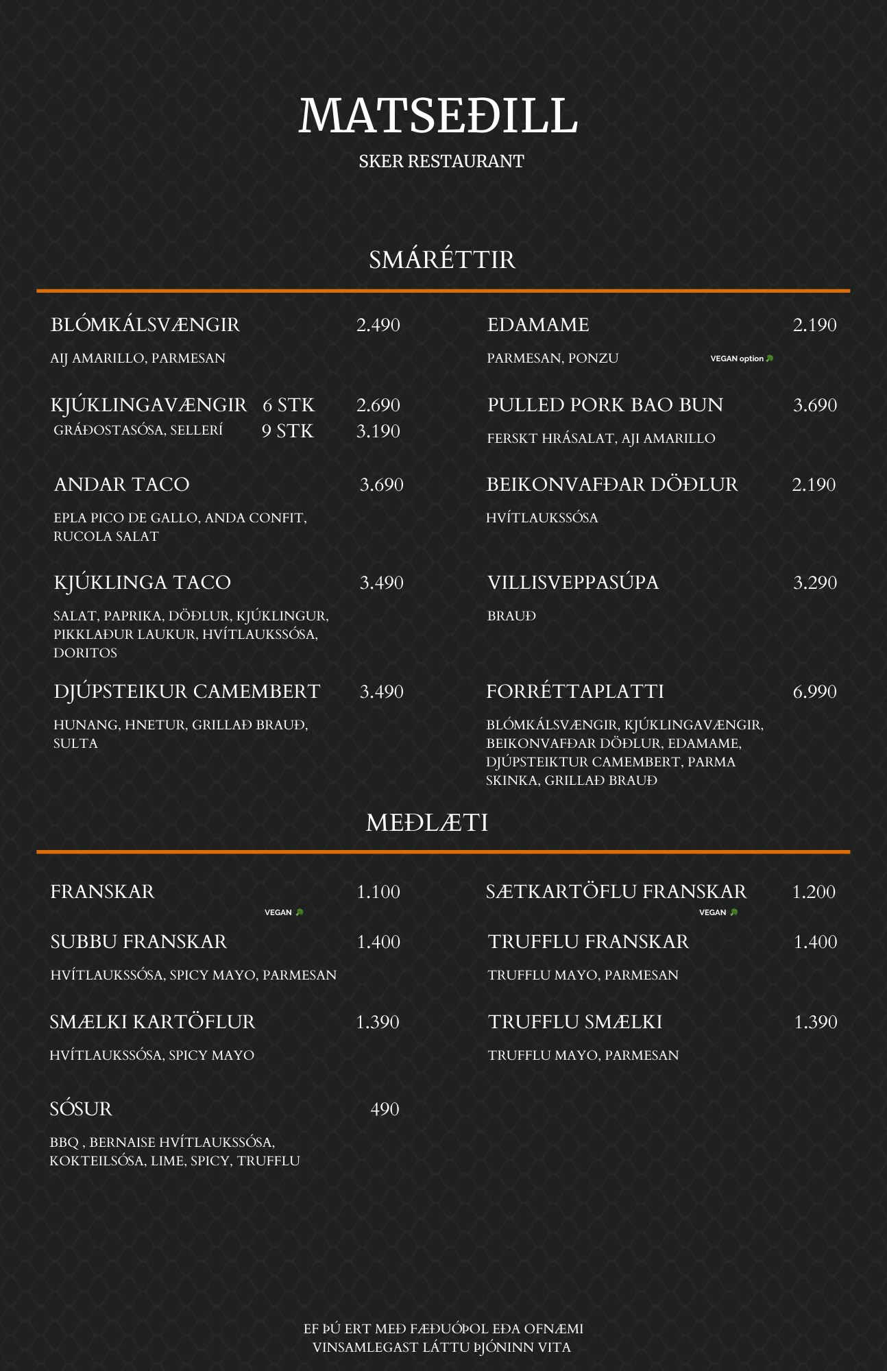 Matseðill / Menu | Sker restaurant